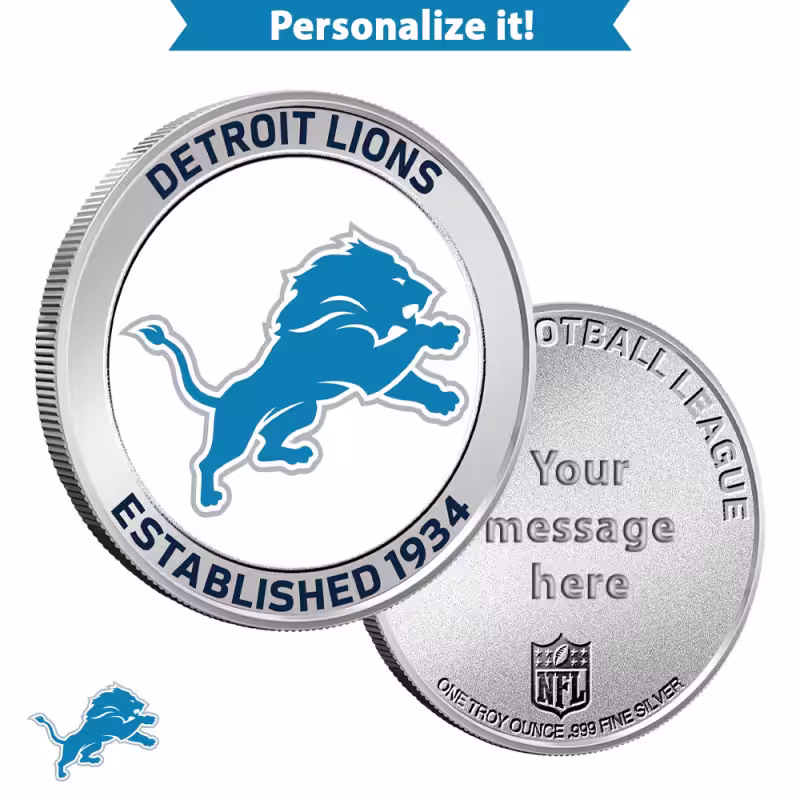 1 oz Colorized Engravable NFL Detroit Lions Silver Round (New w/ Gift Box)