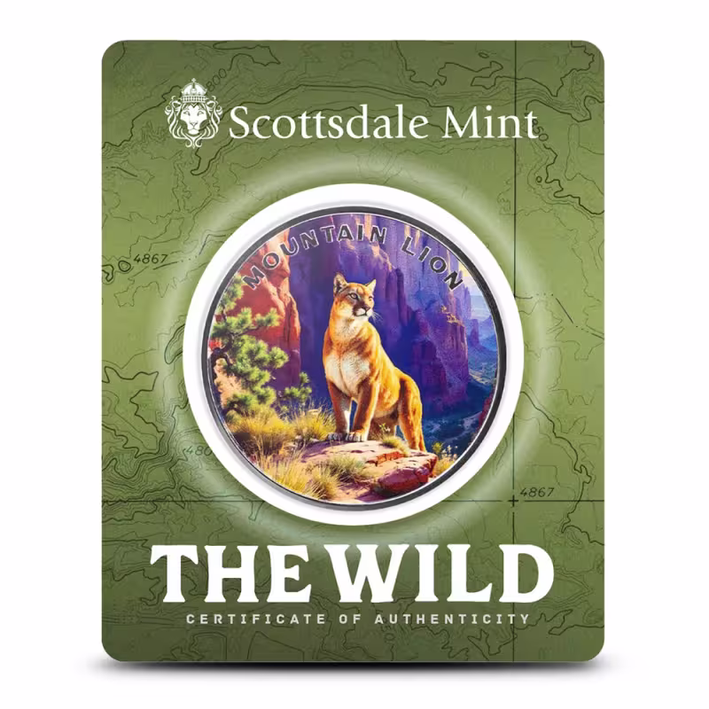 1 oz Colorized Scottsdale Silver The Wild Mountain Lion Round (Certi-Lock)