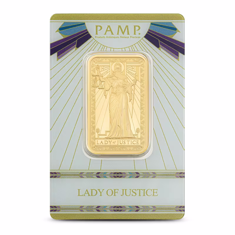 1 oz PAMP Suisse Gold Lady of Justice Bar