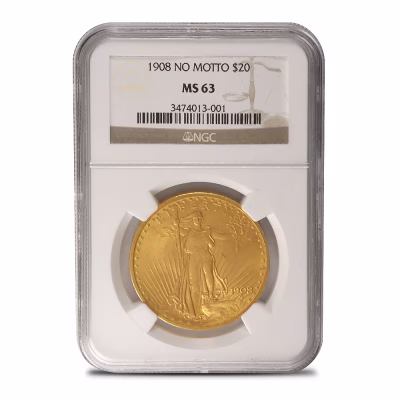 1908 Pre-33 $20 Saint Gaudens Gold Double Eagle Coin "No Motto" NGC MS63