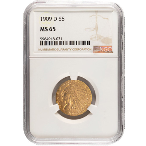 1909-D $5 Indian Gold Half Eagle Coin (MS65, PCGS or NGC)