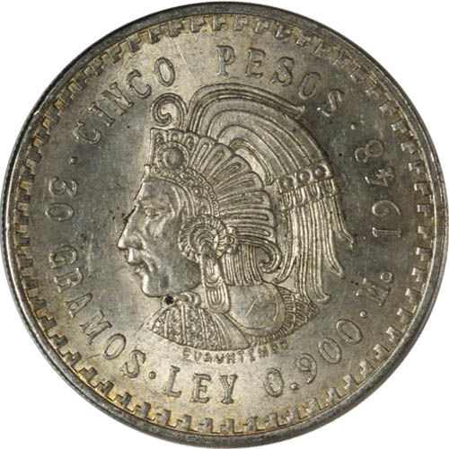 5 Pesos Mexican Cuauhtemoc Silver Coin (1947-1948, XF-AU)