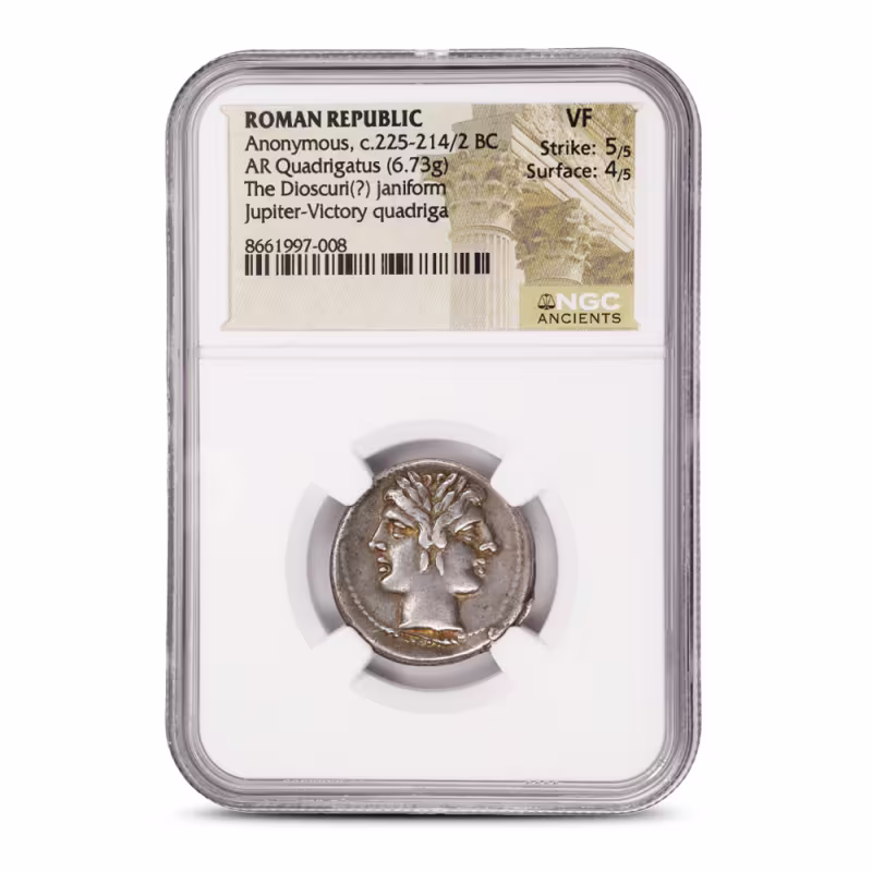 Roman Republic Anonymous, c.225-214/2 BC AR Quadrigatus NGC VF